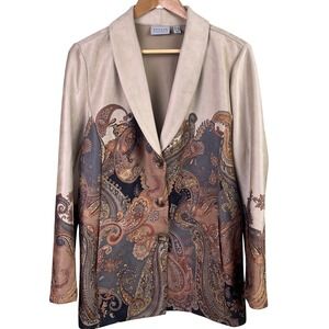 Susan Graver Earth Tones Paisley Printed Faux Liquid Suede Button Blazer Large